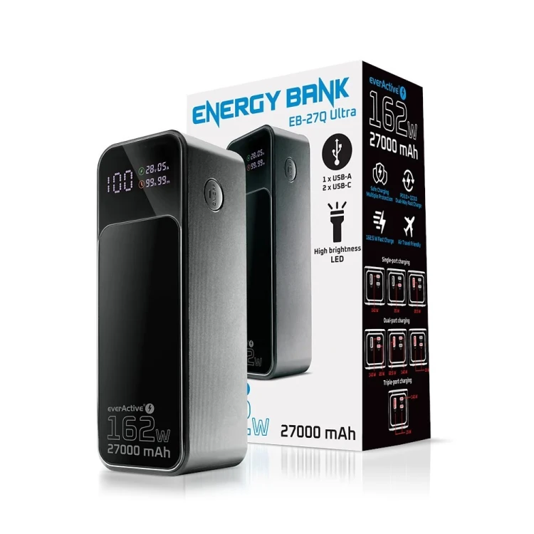 EVERACTIVE POWERBANK 27 000MAH, 1X USB, 2X USB-C, 162,5W, QC4+, WBUDOWANA LATARKA, WYŚWIETLACZ LCD, CZARNY EB-27Q