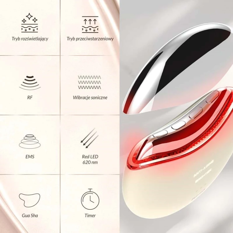ZAAWANSOWANE URZĄDZENIE WSPOMAGAJĄCE STYMULACJĘ MIĘŚNI DLA NATURALNEGO EFEKTU UJĘDRNIANIA I KONTUROWANIA TWARZY Z TECHNOLOGIĄ EMS I RF