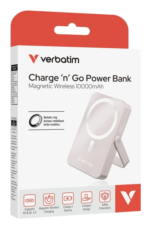 Verbatim Charge 'n' Go Magnetic Wireless Litowo-polimerowy (LiPo) 10000 mAh Bezprzewodowe ładowanie Różowy