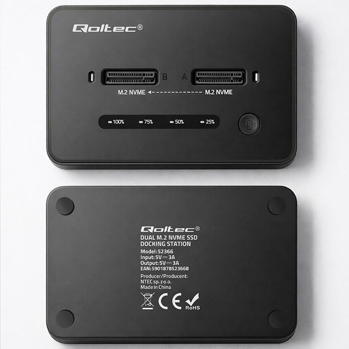 QOLTEC STACJA DOKUJĄCA SSD M.2 NVME | PCIE | USB-C | 20GB/S | DUAL 2X8TB | KLONOWANIE OFFLINE