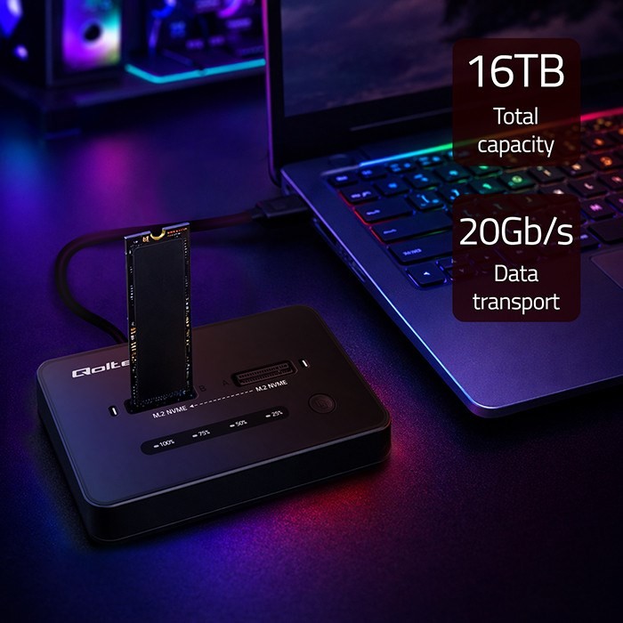 QOLTEC STACJA DOKUJĄCA SSD M.2 NVME | PCIE | USB-C | 20GB/S | DUAL 2X8TB | KLONOWANIE OFFLINE
