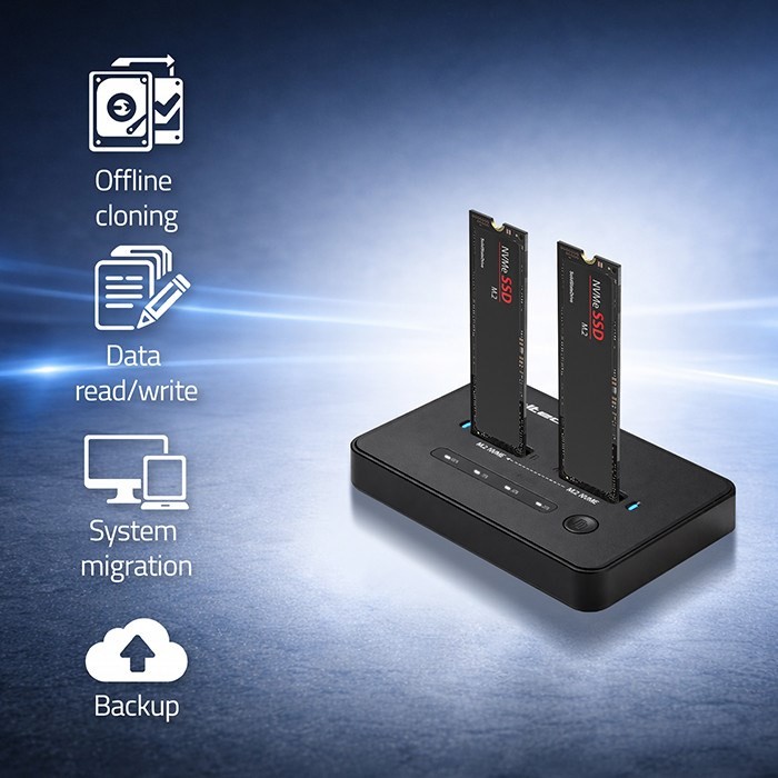 QOLTEC STACJA DOKUJĄCA SSD M.2 NVME | PCIE | USB-C | 20GB/S | DUAL 2X8TB | KLONOWANIE OFFLINE