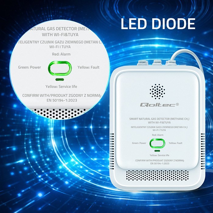 QOLTEC CZUJNIK WYCIEKU GAZU ZIEMNEGO | DETEKTOR CH4 | NG | TUYA | WI-FI | ALARM 85DB | LED