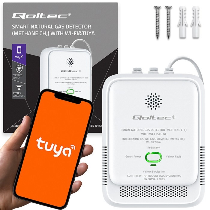 QOLTEC CZUJNIK WYCIEKU GAZU ZIEMNEGO | DETEKTOR CH4 | NG | TUYA | WI-FI | ALARM 85DB | LED