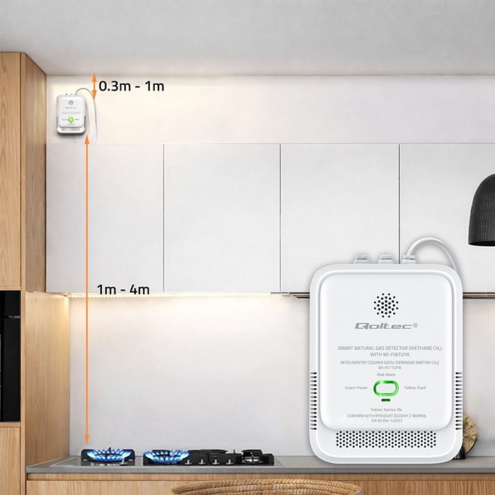 QOLTEC CZUJNIK WYCIEKU GAZU ZIEMNEGO | DETEKTOR CH4 | NG | TUYA | WI-FI | ALARM 85DB | LED