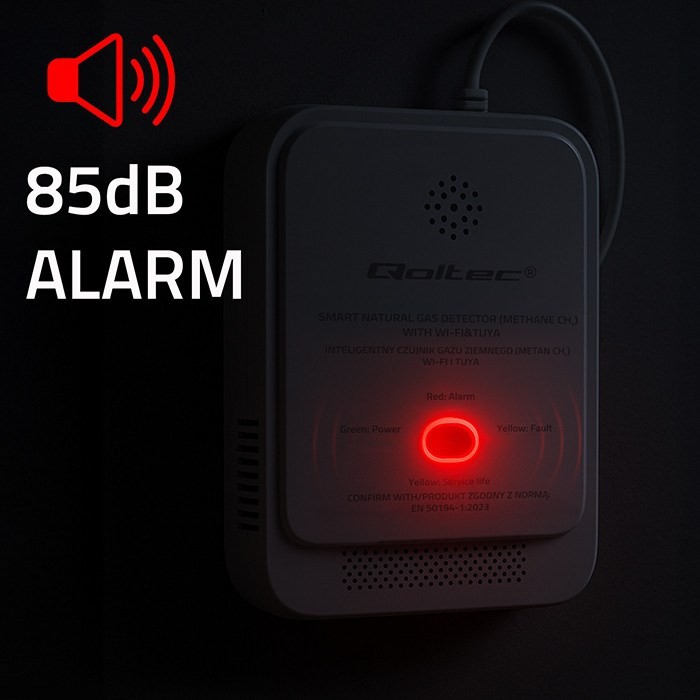 QOLTEC CZUJNIK WYCIEKU GAZU ZIEMNEGO | DETEKTOR CH4 | NG | TUYA | WI-FI | ALARM 85DB | LED
