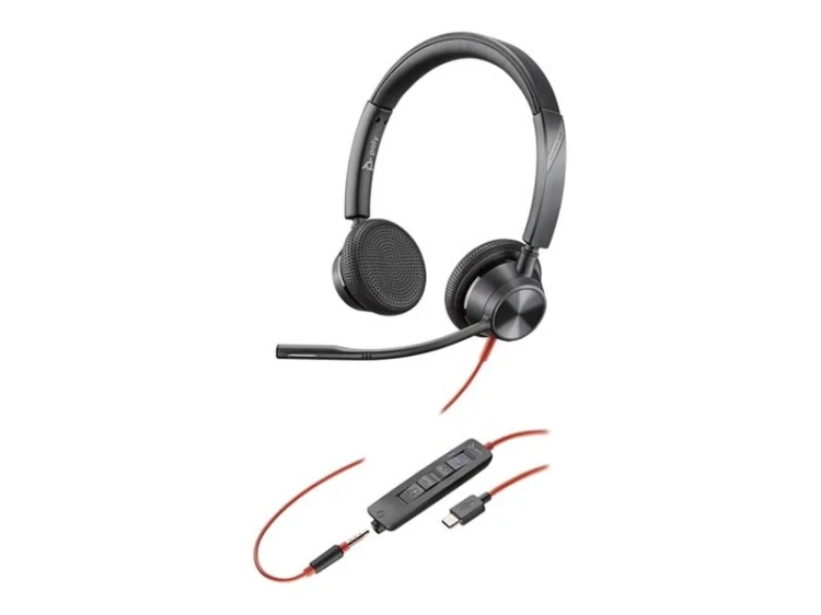 HP Poly Zestaw słuchawkowy stereo Poly Blackwire 3325 USB-C z certyfikatem Microsoft Teams + wtyczka 3,5 mm + przejściówka USB-C/A