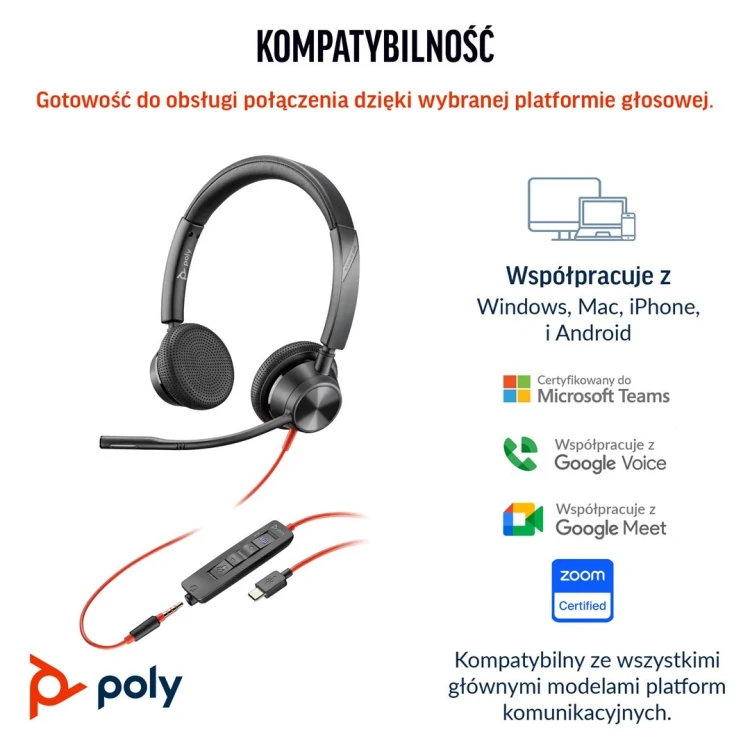 HP Poly Zestaw słuchawkowy stereo Poly Blackwire 3325 USB-C z certyfikatem Microsoft Teams + wtyczka 3,5 mm + przejściówka USB-C/A