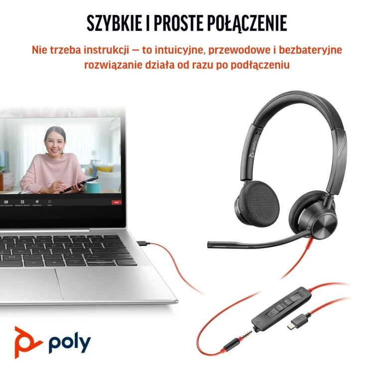 HP Poly Zestaw słuchawkowy stereo Poly Blackwire 3325 USB-C z certyfikatem Microsoft Teams + wtyczka 3,5 mm + przejściówka USB-C/A