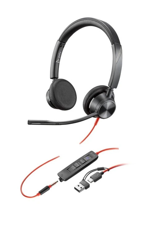 HP Poly Zestaw słuchawkowy stereo Poly Blackwire 3325 USB-C z certyfikatem Microsoft Teams + wtyczka 3,5 mm + przejściówka USB-C/A