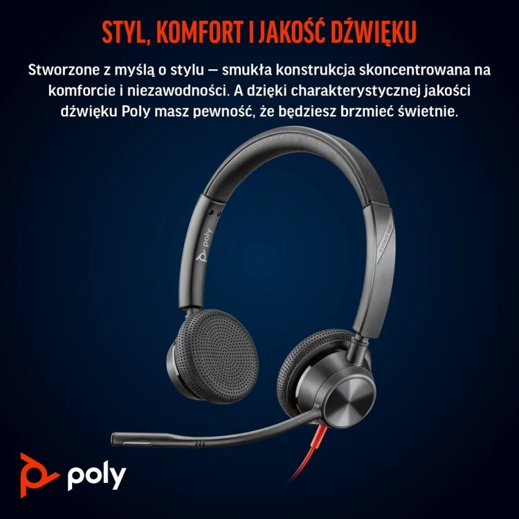 HP Poly Zestaw słuchawkowy stereo Poly Blackwire 3325 USB-C z certyfikatem Microsoft Teams + wtyczka 3,5 mm + przejściówka USB-C/A