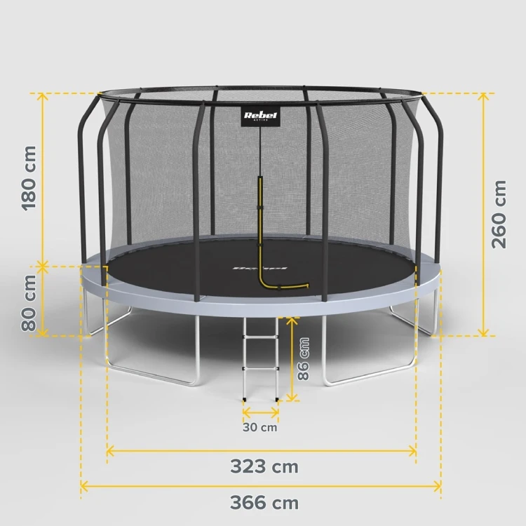 REBEL ACTIVE TRAMPOLINA PRO 12FT/366CM, SIATKA, DRABINKA RBA-8003