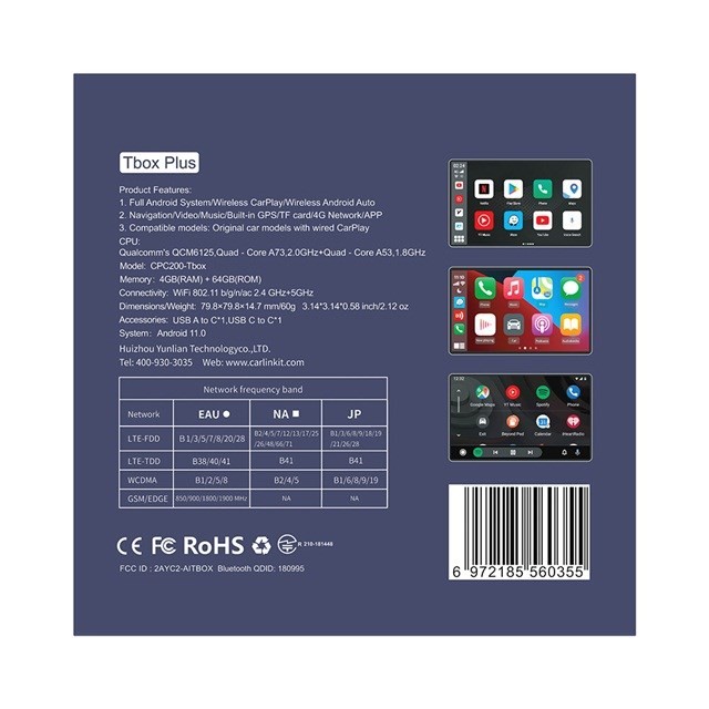 CARLINKIT Adapter Bezprzewodowy TBOX-Plus 4GB+64GB Apple Carplay/Android Auto niebieski
