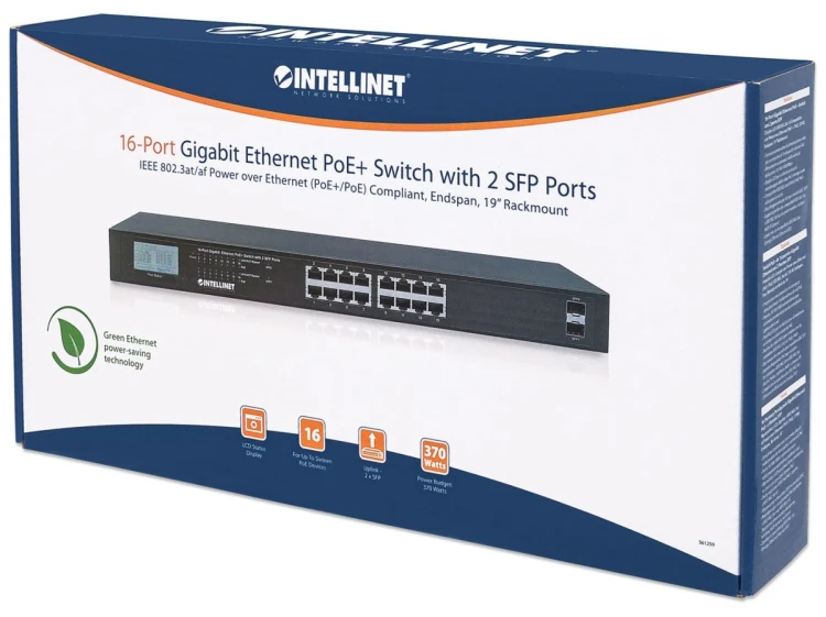Intellinet 561259 łącza sieciowe Nie zarządzany Gigabit Ethernet (10/100/1000) Obsługa PoE Czarny