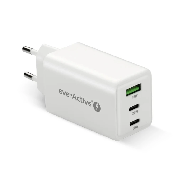 EVERACTIVE ŁADOWARKA SIECIOWA GAN 1 X USB, 2 X USB-C QUICK CHARGE 4+ 65W BIAŁA SC-655Q