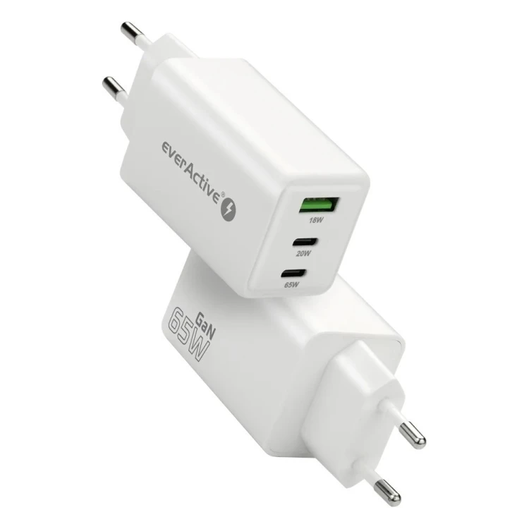 EVERACTIVE ŁADOWARKA SIECIOWA GAN 1 X USB, 2 X USB-C QUICK CHARGE 4+ 65W BIAŁA SC-655Q