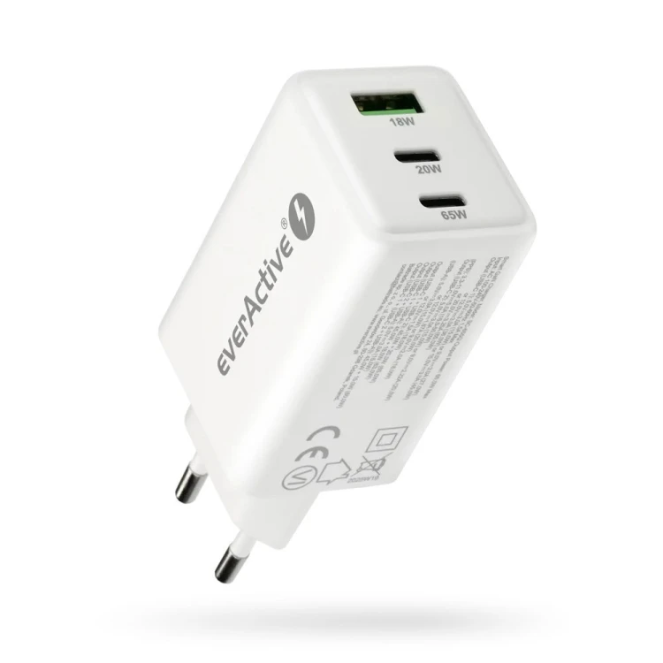 EVERACTIVE ŁADOWARKA SIECIOWA GAN 1 X USB, 2 X USB-C QUICK CHARGE 4+ 65W BIAŁA SC-655Q