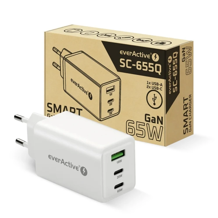 EVERACTIVE ŁADOWARKA SIECIOWA GAN 1 X USB, 2 X USB-C QUICK CHARGE 4+ 65W BIAŁA SC-655Q
