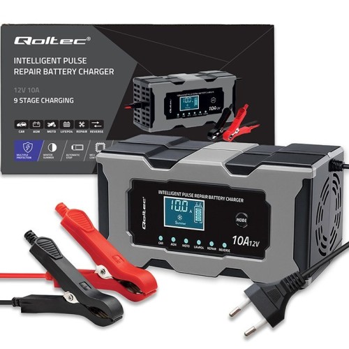 QOLTEC ŁADOWARKA 12V 10A | PROSTOWNIK Z FUNKCJĄ NAPRAWY DO AKUMULATORA AGM GEL LIFEPO4 | LCD