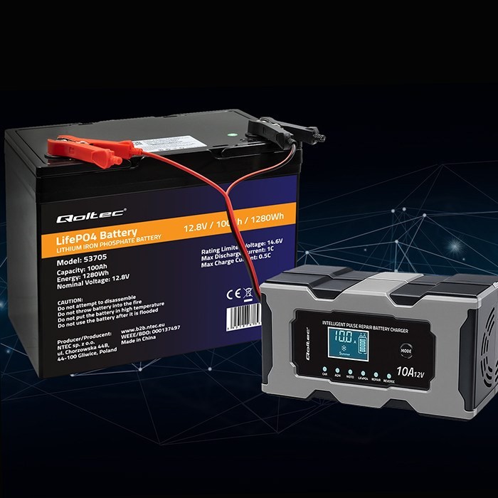 QOLTEC ŁADOWARKA 12V 10A | PROSTOWNIK Z FUNKCJĄ NAPRAWY DO AKUMULATORA AGM GEL LIFEPO4 | LCD