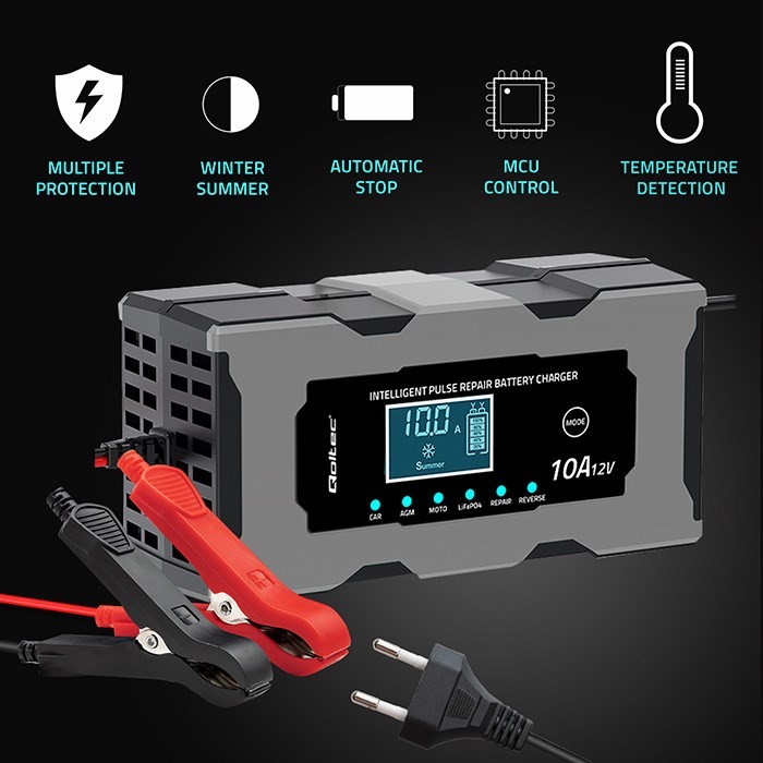 QOLTEC ŁADOWARKA 12V 10A | PROSTOWNIK Z FUNKCJĄ NAPRAWY DO AKUMULATORA AGM GEL LIFEPO4 | LCD
