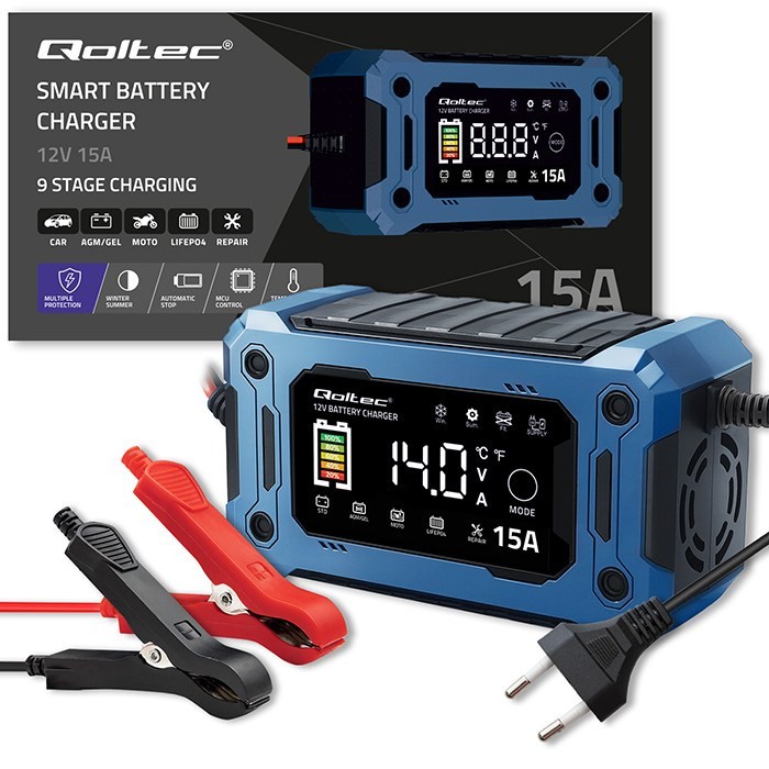 QOLTEC ŁADOWARKA 12V 15A | PROSTOWNIK DO AGM GEL LIFEPO4 | LCD