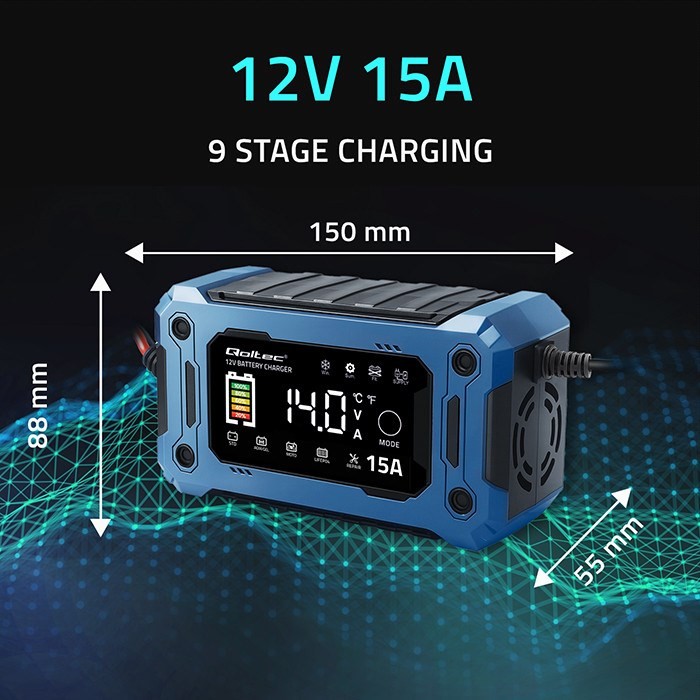 QOLTEC ŁADOWARKA 12V 15A | PROSTOWNIK DO AGM GEL LIFEPO4 | LCD