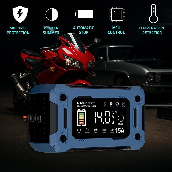 QOLTEC ŁADOWARKA 12V 15A | PROSTOWNIK DO AGM GEL LIFEPO4 | LCD