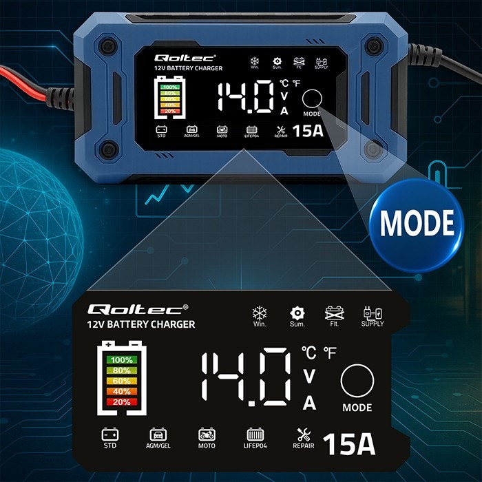 QOLTEC ŁADOWARKA 12V 15A | PROSTOWNIK DO AGM GEL LIFEPO4 | LCD