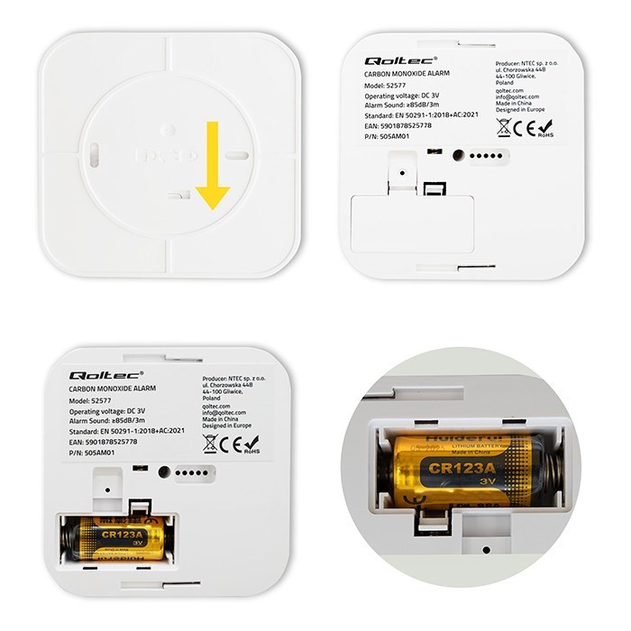 QOLTEC CZUJNIK TLENKU WĘGLA (CZADU) Z BATERIĄ | DETEKTOR CO | ALARM 85DB | LED