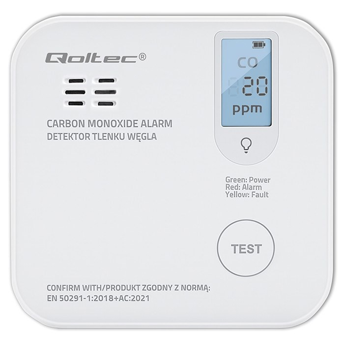 QOLTEC CZUJNIK TLENKU WĘGLA (CZADU) Z BATERIĄ | DETEKTOR CO | ALARM 85DB | LED
