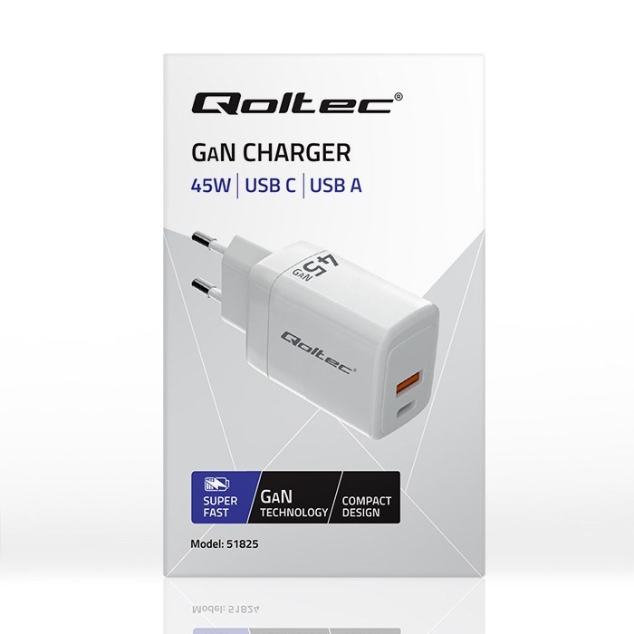 QOLTEC ŁADOWARKA 45W GAN | 5-20V | 1.5-3A | 1XUSB-C PD | 1XUSB QC 3.0 | BIAŁA
