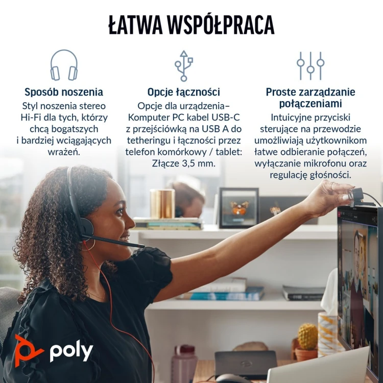 POLY Stereofoniczny zestaw słuchawkowy USB-C Blackwire 3225 + wtyczka 3,5 mm + przejściówka USB-C/A (opakowanie zbiorcze)