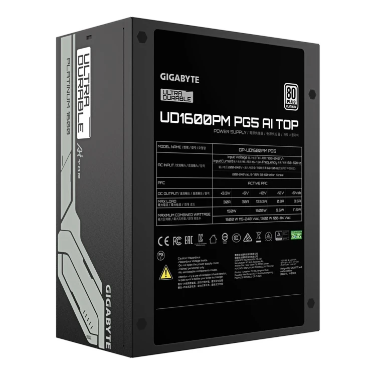 GIGABYTE UD1600PM PG5 AI TOP moduł zasilaczy 1600 W 20+4 pin ATX ATX Czarny