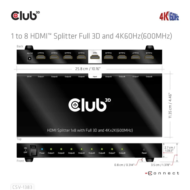 CLUB3D CSV-1383 rozgałęziacz telewizyjny HDMI 8x HDMI