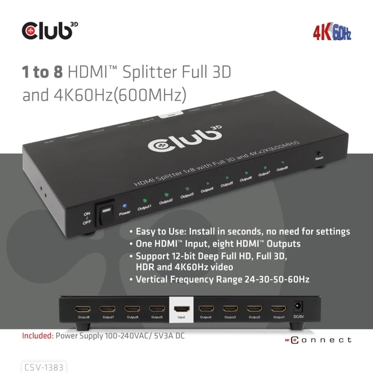 CLUB3D CSV-1383 rozgałęziacz telewizyjny HDMI 8x HDMI