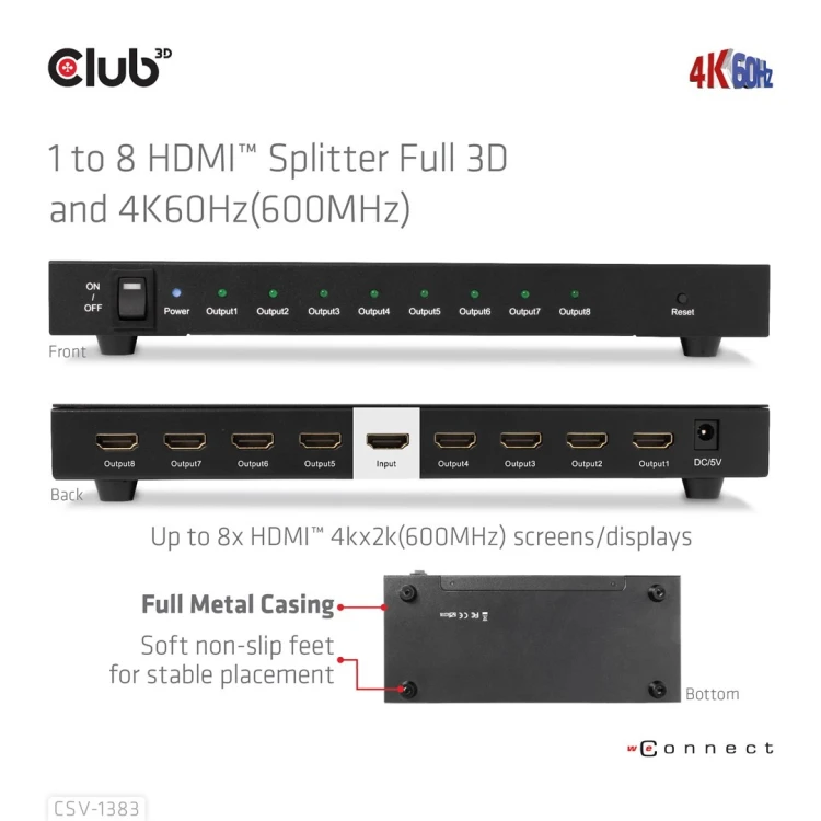 CLUB3D CSV-1383 rozgałęziacz telewizyjny HDMI 8x HDMI