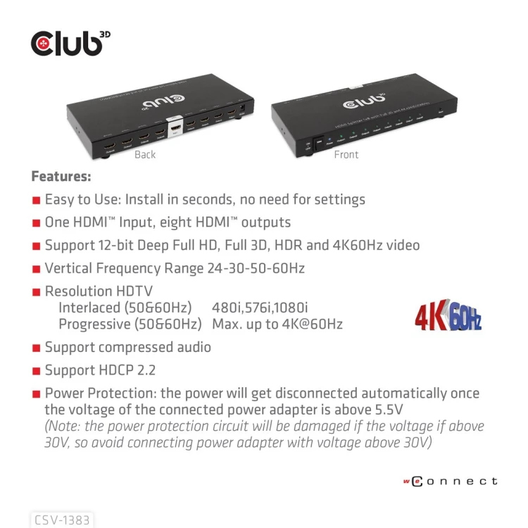 CLUB3D CSV-1383 rozgałęziacz telewizyjny HDMI 8x HDMI