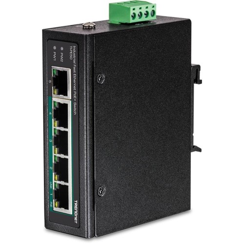 Switch TRENDnet TI-PE50 - niezarządzalny - 4 x 10/100 (PoE+) + 1 x 10/100 - możliwość montażu na szynie DIN, montaż na ścianie - PoE+ (90 W) - DC