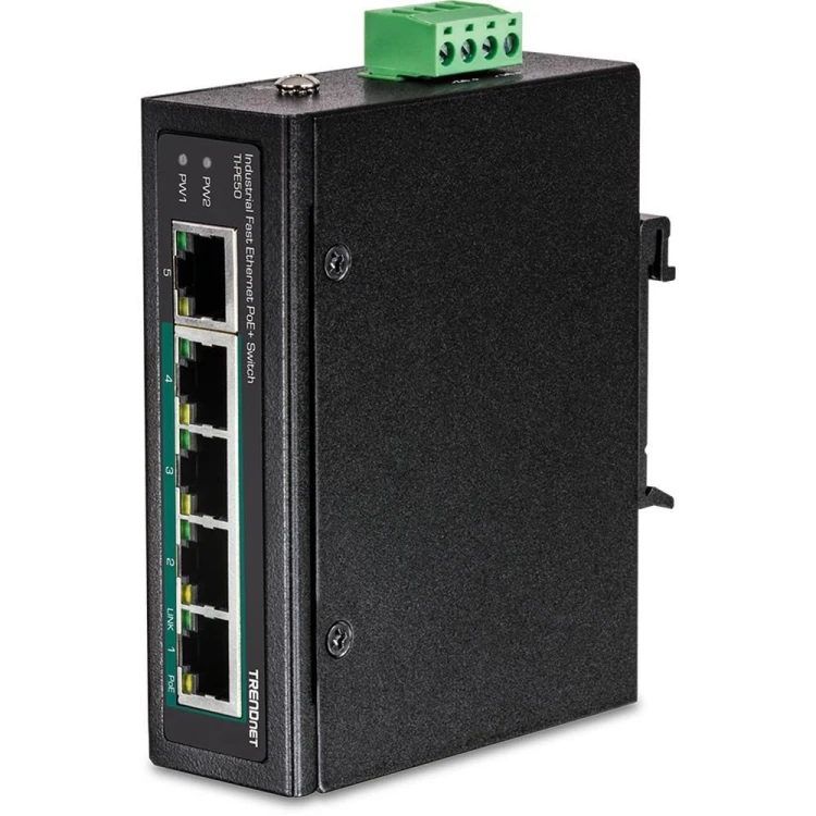 Switch TRENDnet TI-PE50 - niezarządzalny - 4 x 10/100 (PoE+) + 1 x 10/100 - możliwość montażu na szynie DIN, montaż na ścianie - PoE+ (90 W) - DC