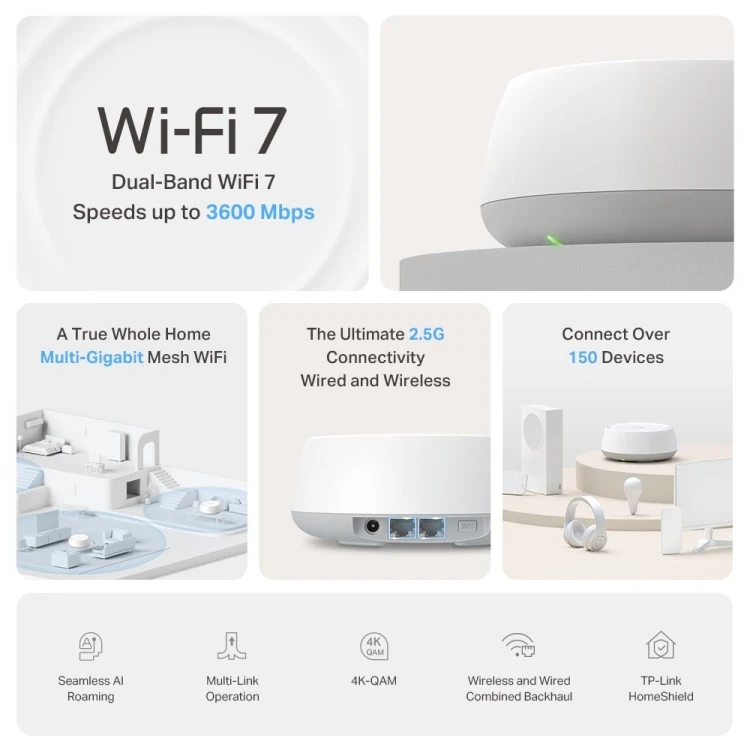 TP-Link DECO BE25(2-PACK) siatkowy system wi-fi Dual-band (2.4 GHz/5 GHz) Wi-Fi 7 (802.11be) Biały Wewnętrzny