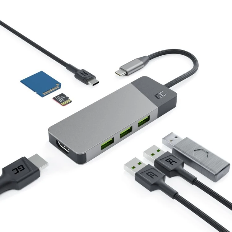 GREEN CELL HUB USB-C ADAPTER GC CONNECT 7W1 (3XUSB 3.1, HDMI 4K 60HZ, USB-C PD 85W, MICROSD/SD)