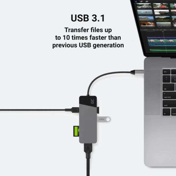 GREEN CELL HUB USB-C ADAPTER GC CONNECT 7W1 (3XUSB 3.1, HDMI 4K 60HZ, USB-C PD 85W, MICROSD/SD)