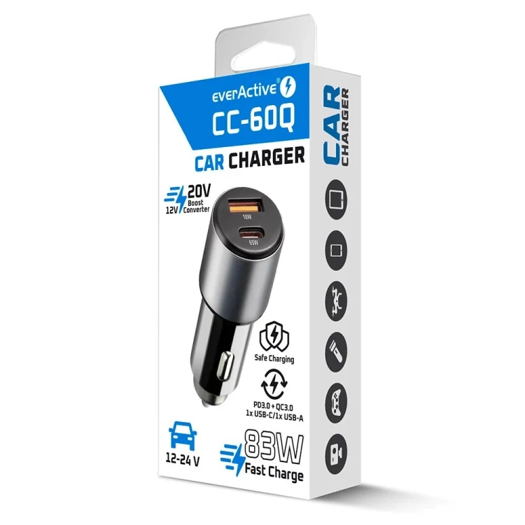 EVERACTIVE ŁADOWARKA SAMOCHODOWA 1 X USB QC3.0, 1 X USB-C PD 83W CZARNA CC-60Q