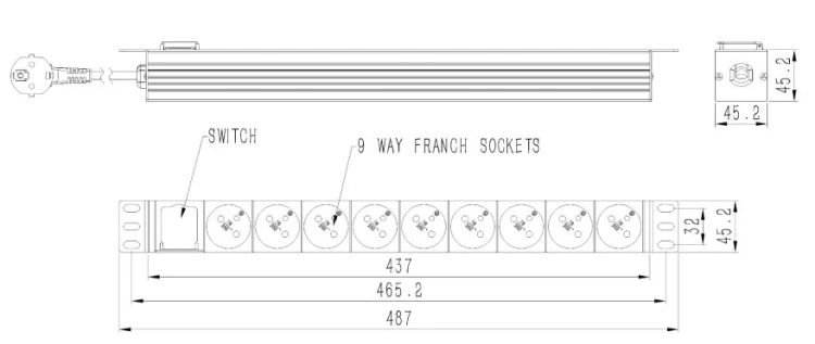 GEMBIRD LISTWA ZASILAJĄCA RACK 19" PDU 1U, 16A, 9X GNIAZDO FRENCH, WTYK FR, KABEL 2M
