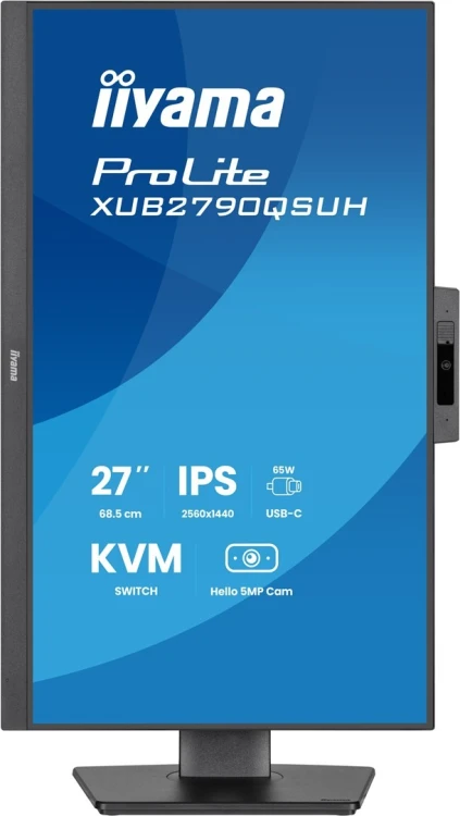 Monitor iiyama XUB2790QSUH-B2 27" IPS-panel 2560x1440 100Hz Windows Hello Kamera 5MP Auto Focus 15cm regulacja wysokości stojaka 4ms 250