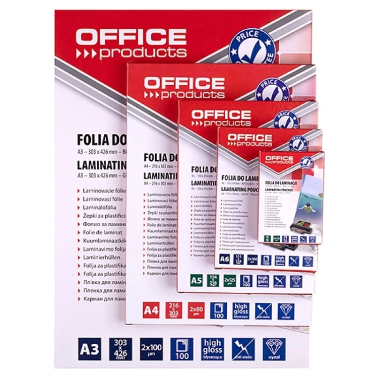 OFFICE PRODUCTS Folia do laminowania, A3, 2x100mikr., błyszcząca, 100szt., transparentna
