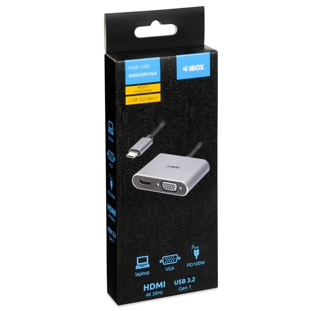 Hub USB Typ-C 4w1 USB 3.0 + PD 100W + HDMK 4k30Hz + VGA FullHD