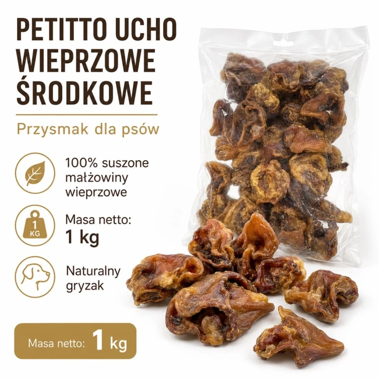 PETITTO Ucho wieprzowe środkowe przysmak dla psa 1kg