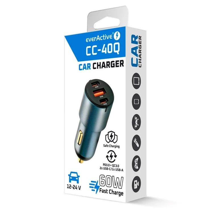 EVERACTIVE ŁADOWARKA SAMOCHODOWA 1 X USB QC3.0, 2X USB-C PD 60W CZARNA CC-40Q